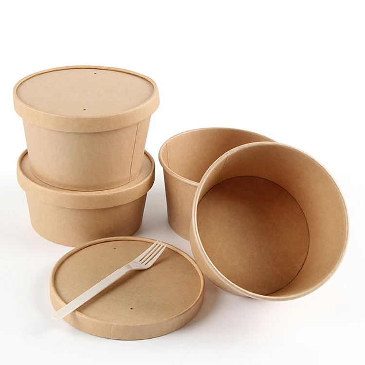 Good Quality 100% Wooden Paper Cups China Paper Coffee Cups 12oz Kraft Paper Soup Cup Salad Disposable Bowls