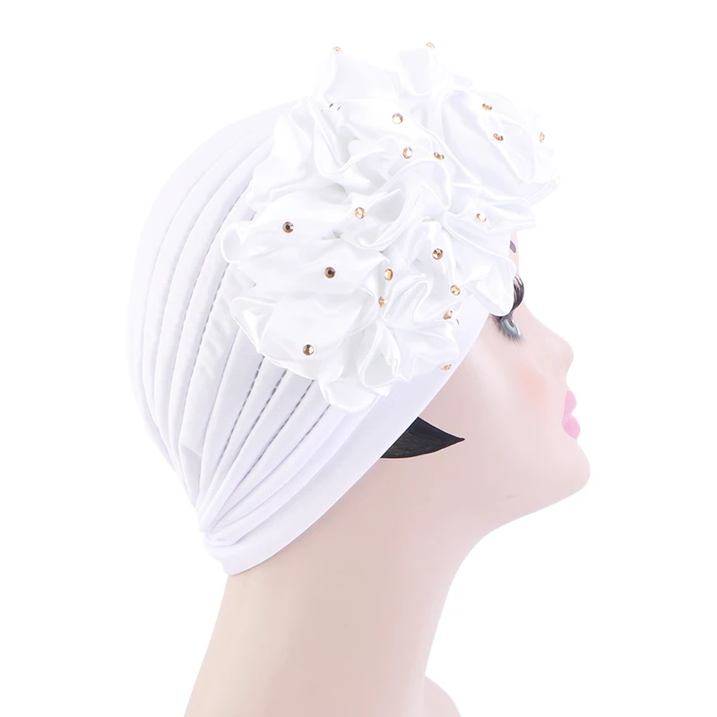 Wholesale Custom Logo Hair Accessories Muslim Big Flower Beaded Turbans Solid Color Ruffle Pre Tied Knotted Turban Cap For Women