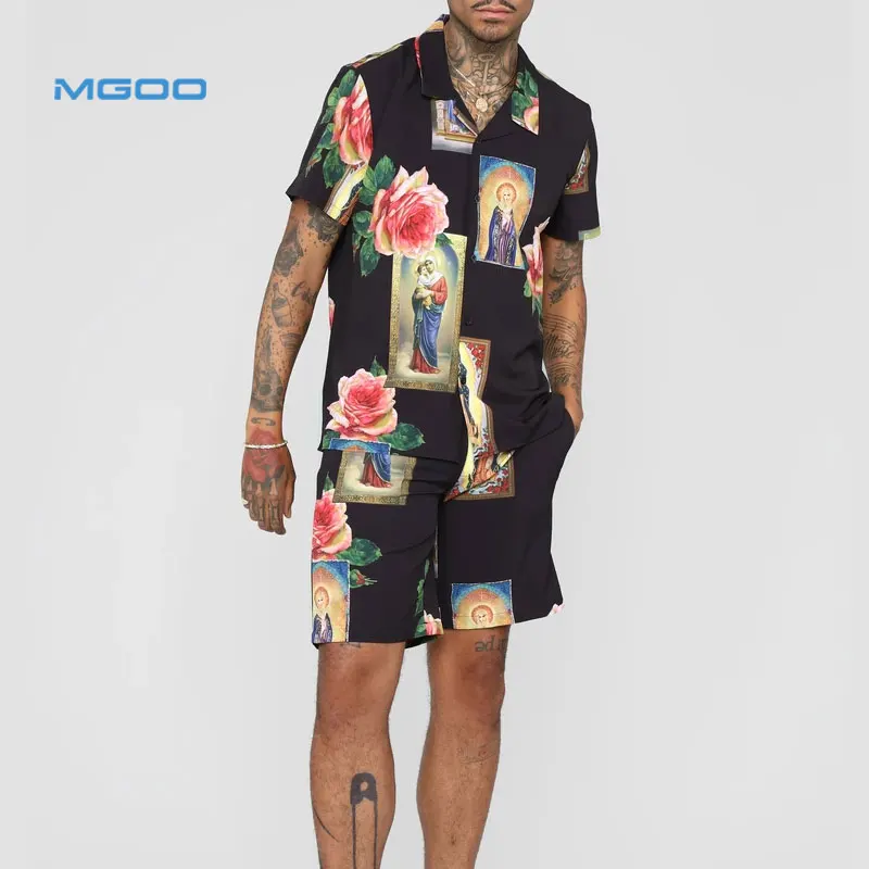Изготовленные по индивидуальному заказу с повторяющимся декоративным рисунком Гавайские рубашки; Комплекты с шортами Святой цветочные шорты с эластичной резинкой на талии, спортивные шорты для купания