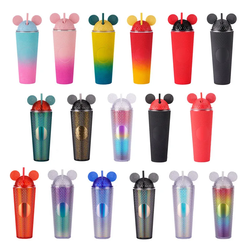 Wholesale Tumbler Cups Plastic Iridescent Matte Custom Logo Drinking Double Wall Studded Tumbler With Straw Mugs Water Bottle