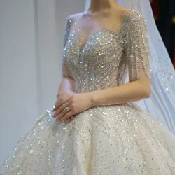 Latest design women tulle beading sequined half sleeve ball gown bridal gown wedding dress
