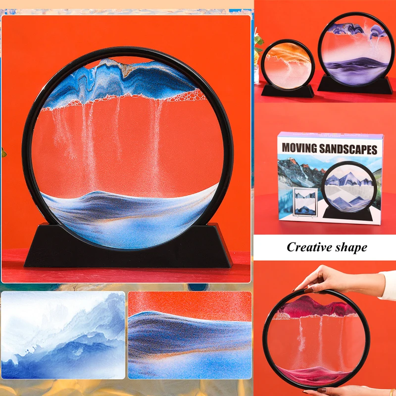 7/12inch Creative Quicksand Paintings Art Picture Round Glass 3D Hourglass Sandscape Flowing Sand Display For Home Office Decor