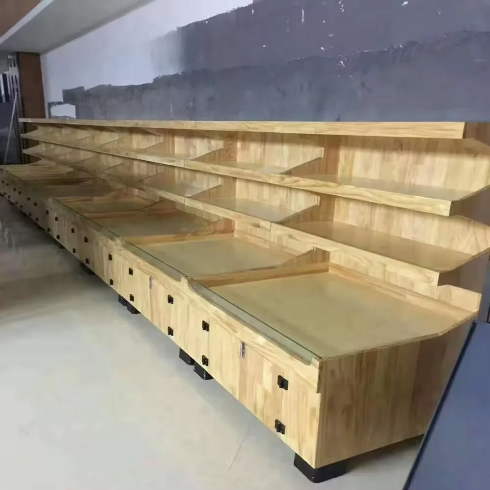 Wood supermarket gondola for vegetable display rack stand for grocery store and fruit shelves