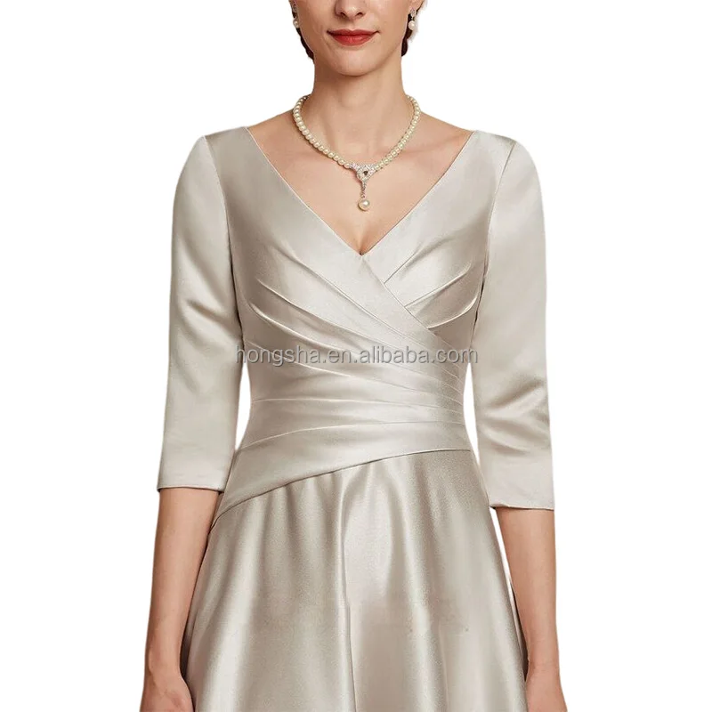 Half Sleeve Satin A Line Wedding Dress Women V Neck Bridal Satin Fabric Wedding Dress Ruffle Front Elegant Satin Wedding Dresses