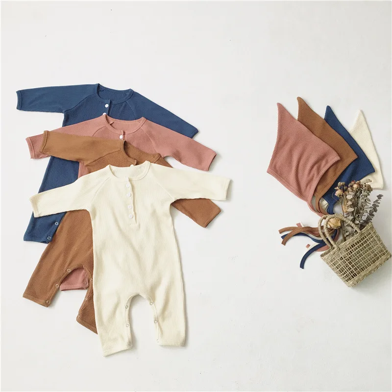 High Quality 2021 New Design Baby Long-Sleeve Solid Suit+Hats Soft Bodysuit Baby Clothes Rompers Clothing Set