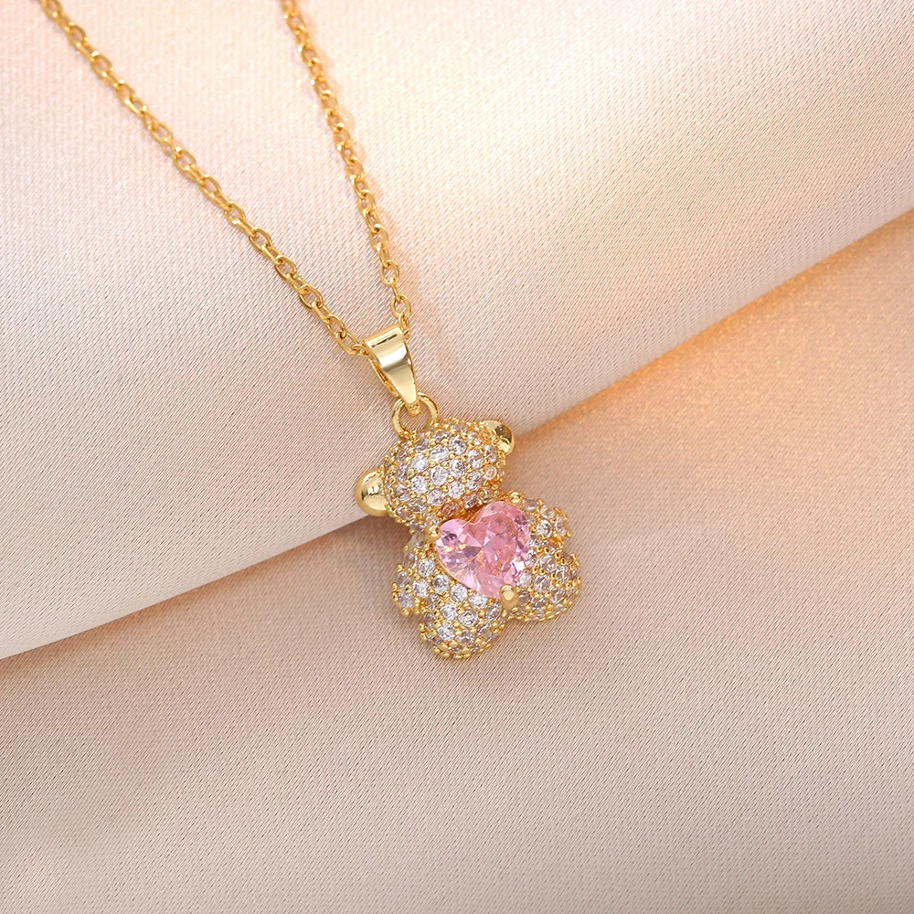 Lovely Stainless Steel Chain Full Diamond Little Bear Pendant Necklace Gold Plating Micro Paved Cubic Zircon Rabbit Necklace