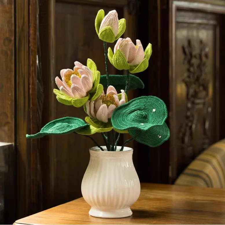 Ornamental Artificial Flowers Decorating The Living Room Handmade Knitted White Lotus Material Bag