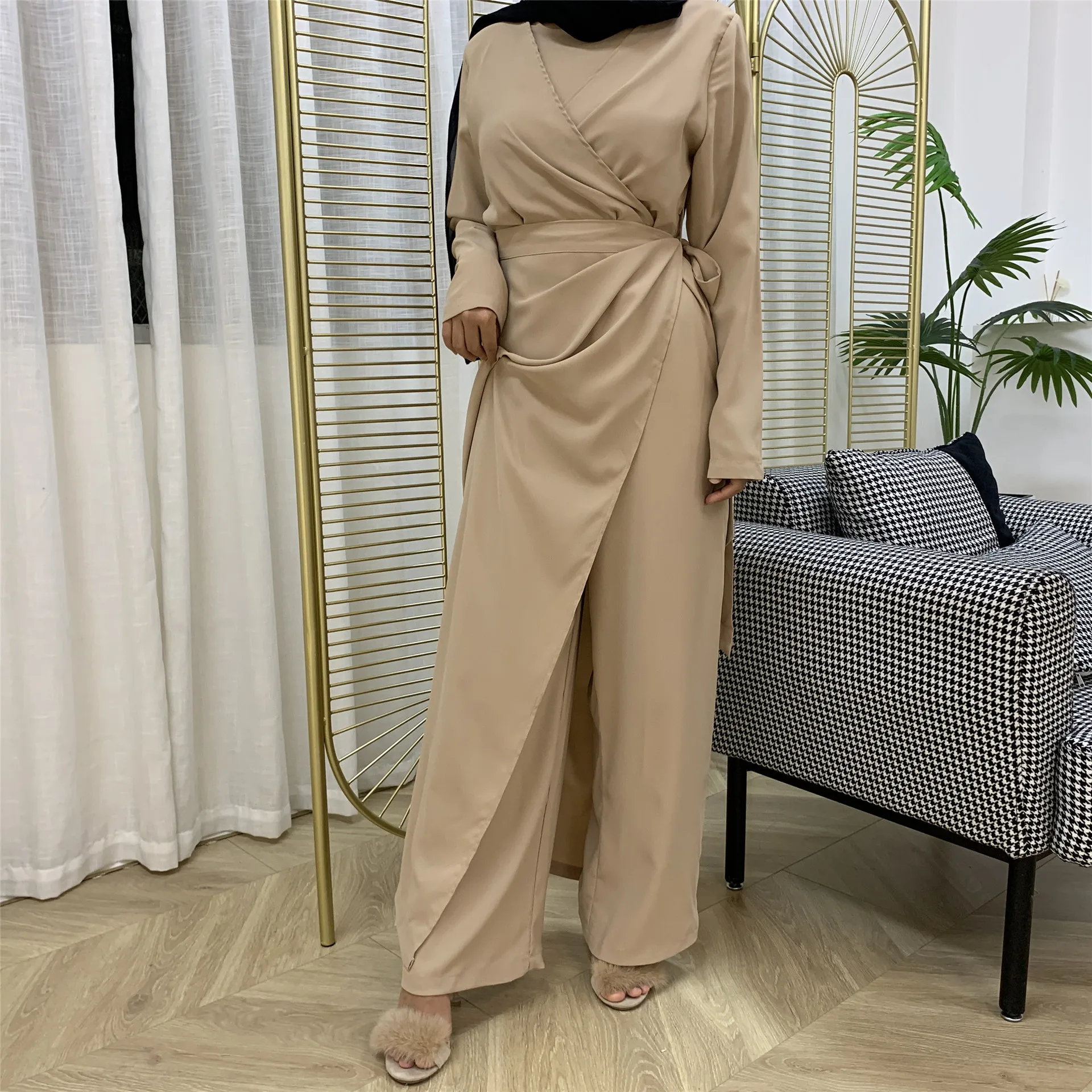 V-neck women Islamic patchwork clothes female solid color Muslim jumpsuits adults one-piece clothing sets