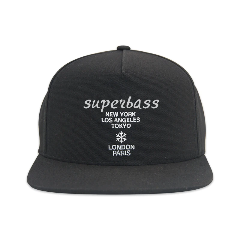 Custom Black 5 Panel Cotton Flat Embroidery Snapback  Cap