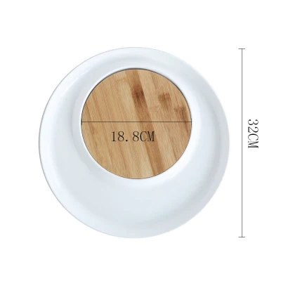 Creative 12.5inch Rectangle Matte Glazed Ceramic Plate With Removable Bamboo Board White Divide Steak Dinner Plate