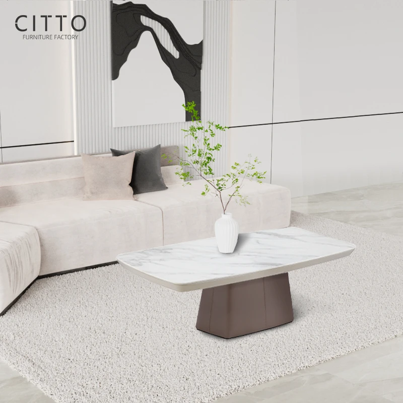 Custom Popular Modern Minimalist Rectangle MDF Matt Beige White Ceramic Top Living Room Coffee Tables For Home