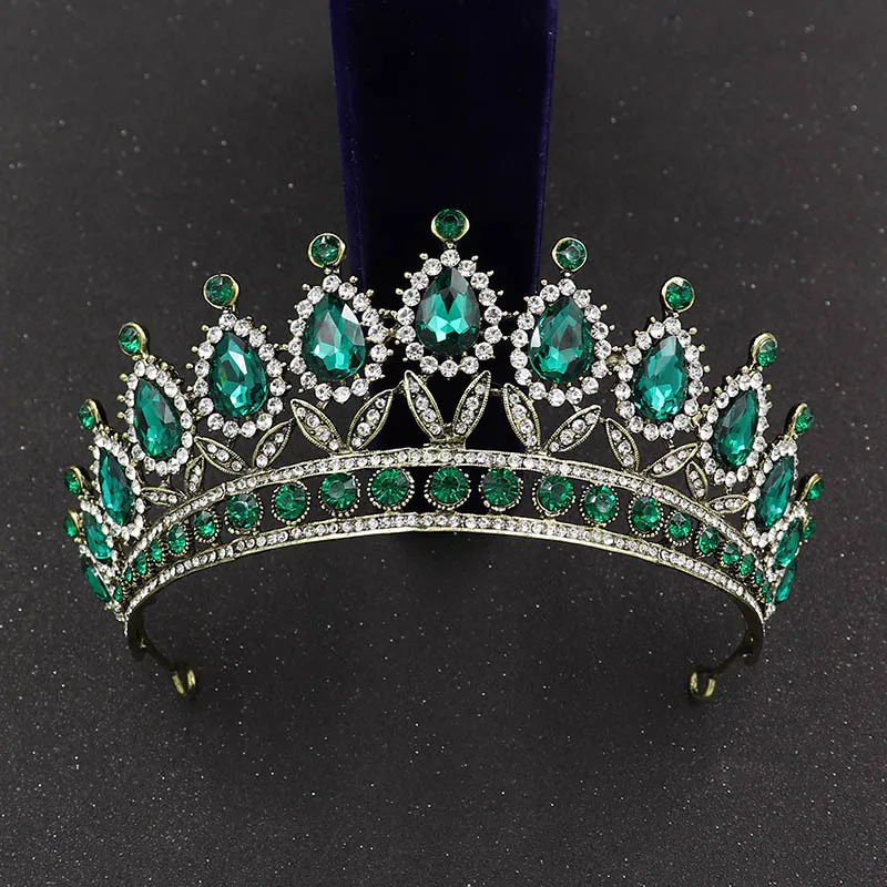 Green Crystal Princess Hair Accessories Royal Queen Crown Headband Blue Rhinestone Wedding Tiara for Women Prom Birthday