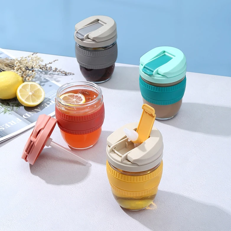 350ml Glass Coffee Cup Water Bottle with Cap with Straw 12oz Silicone Coffee Cup Reusable anti-scald coffee cup