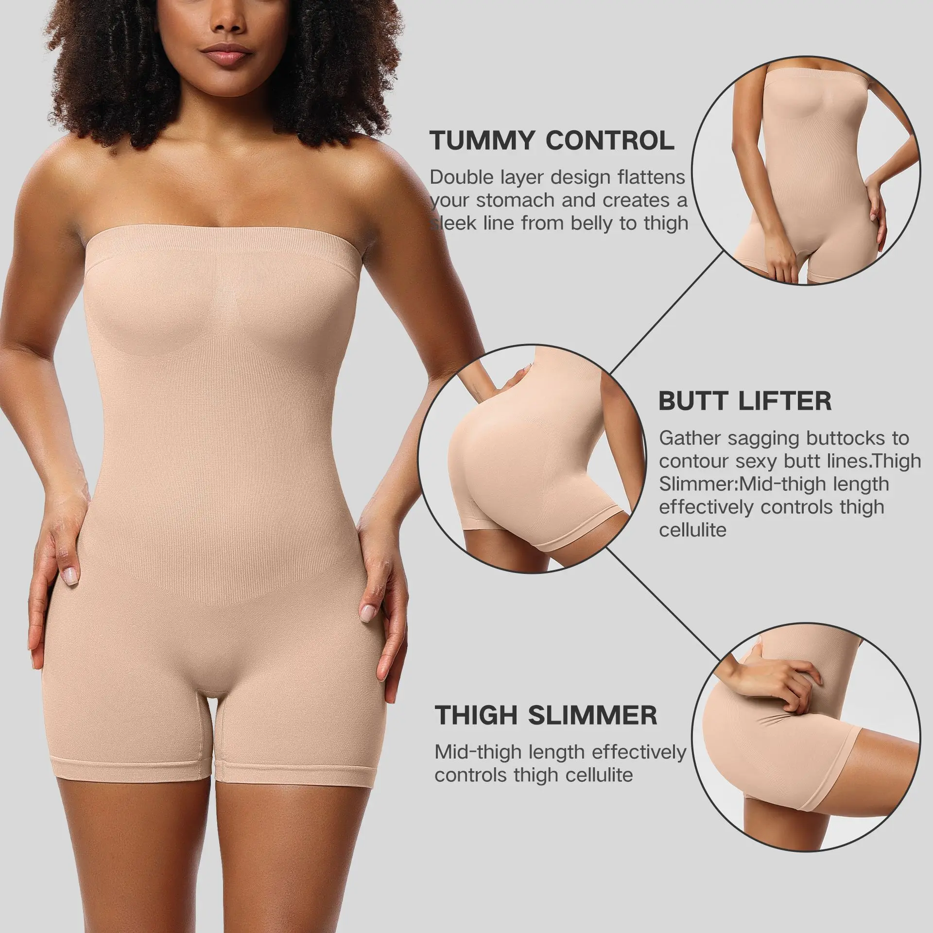 Ultimate Stretch Full Body Shaper Nylon Bodysuit with Seamless Features Invisible U Collar Removable Shoulder Strap Butt Lifter