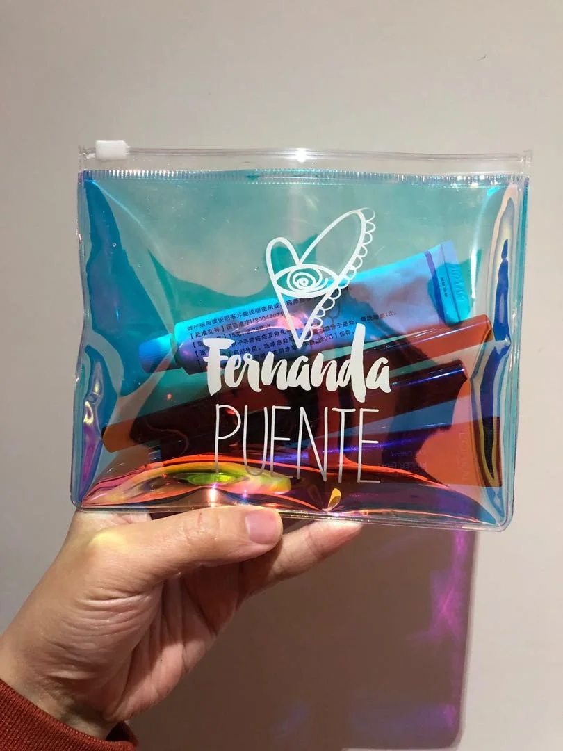 
customized logo clear transparent plastic pvc eco-friendly zipper holographic cosmetic zipper bag 