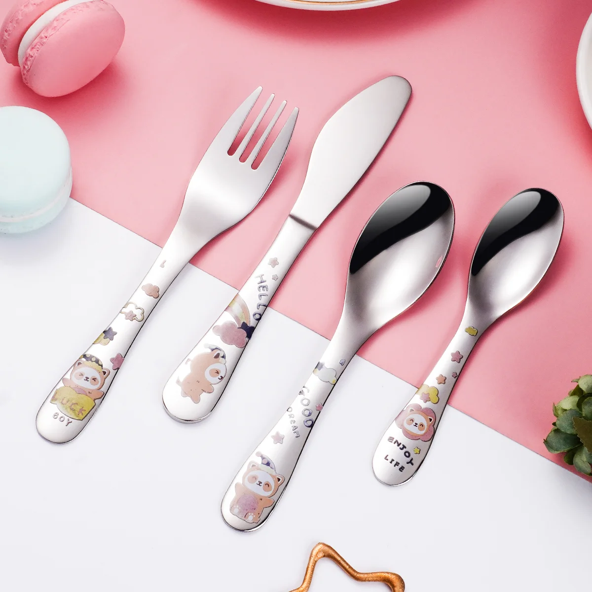 Wholesale Popular Cute Cartoon Animal Kids Flatware Cute Children Tableware Stainless Steel Baby Cutlery With Funny Pattern