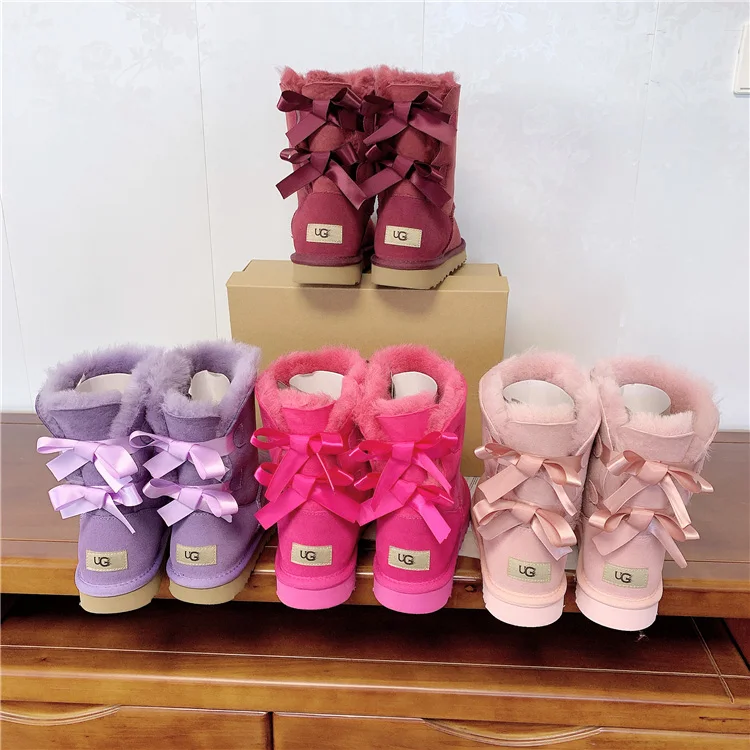 New Waterproof Genuine Sheepskin Snow Boots Kid Women Classic Shoes Winter Ribbon Wool Uggh Boots For Wome