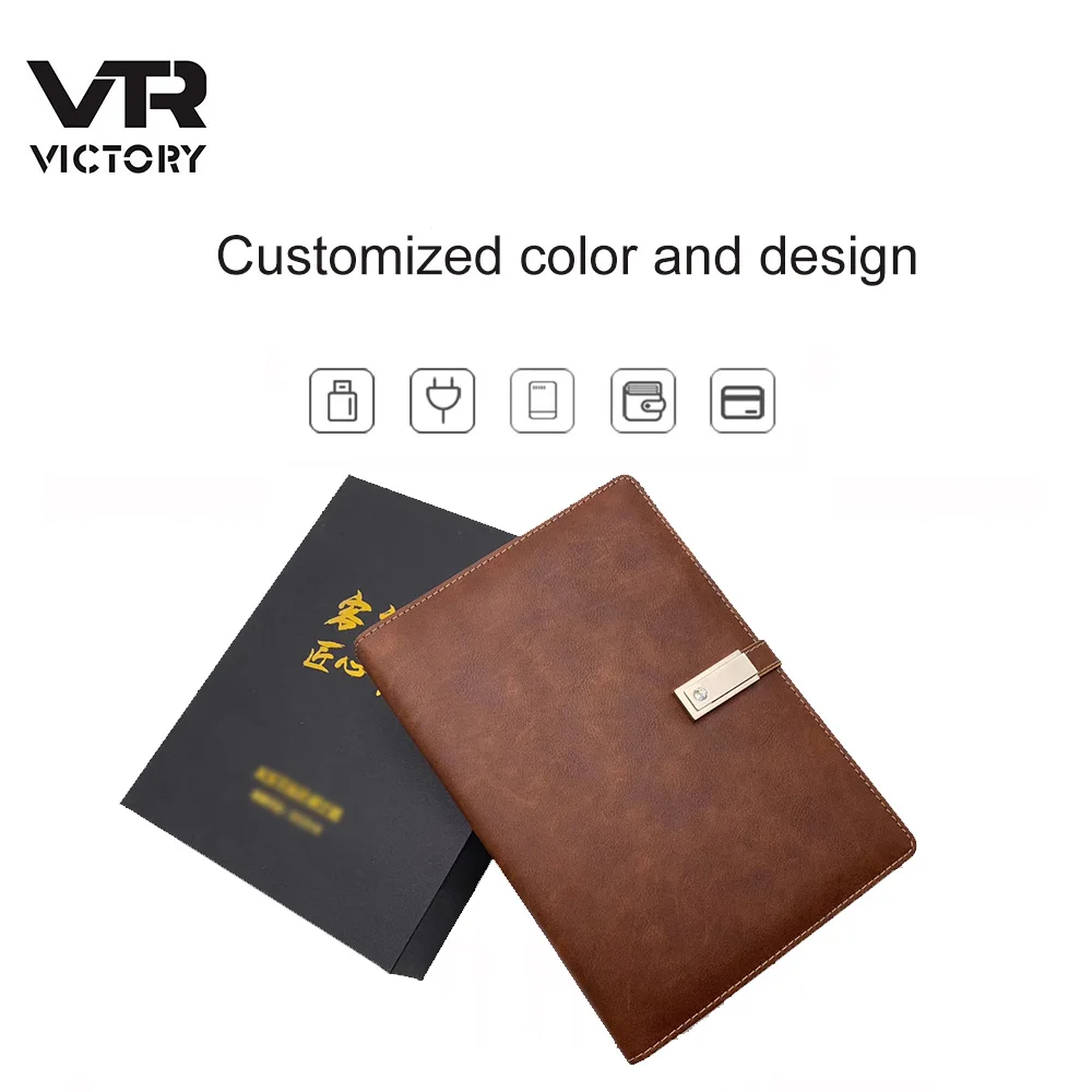 VTR Multifunctional A5 Leather Cover Wireless Charger Planner Diary Powerbank calculator notebook with Pocket and Usb