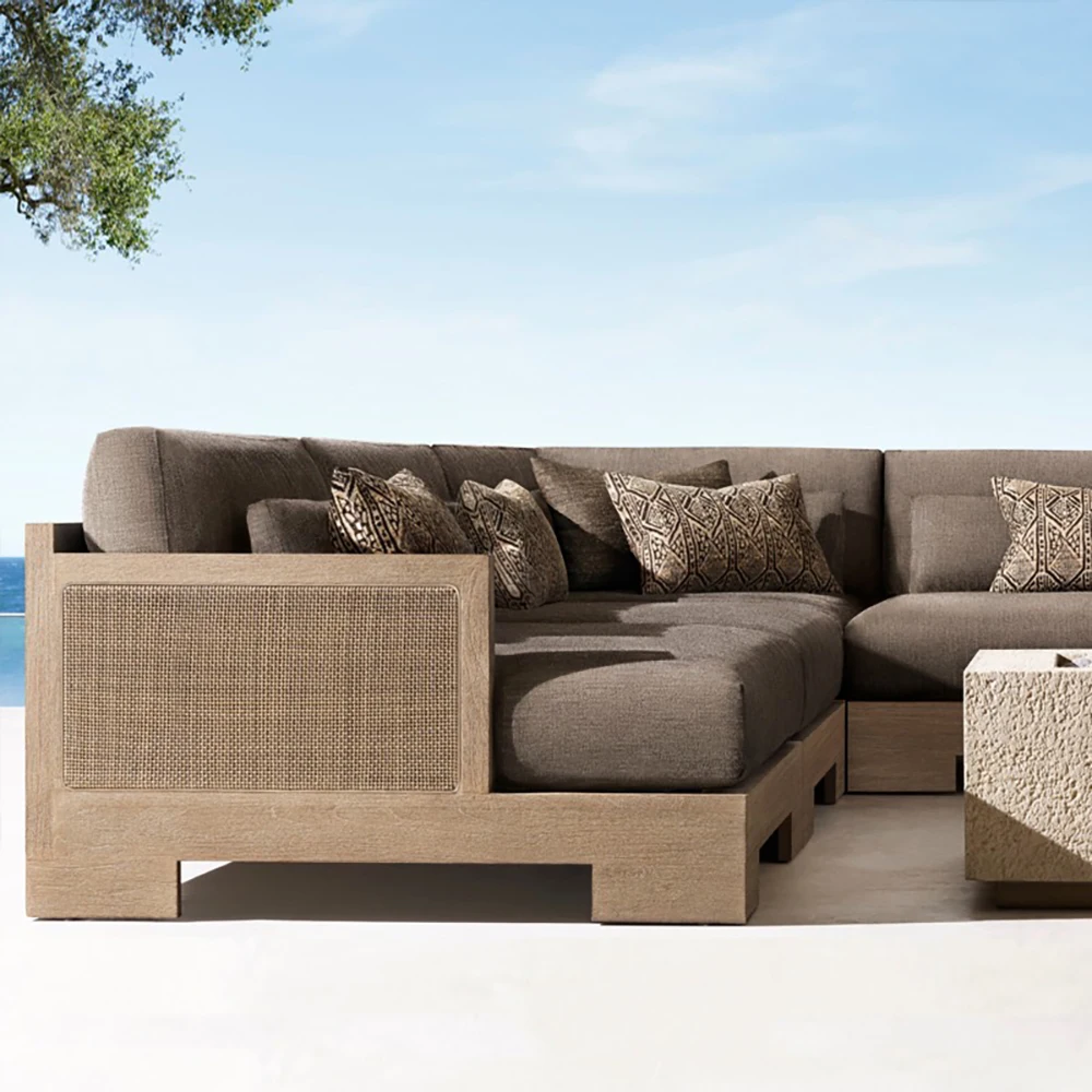 Patios Outdoor Garden Furniture Teak Wood and Cane Sectional Sofa Set for Living Room Restaurant Beach with Fabric Material