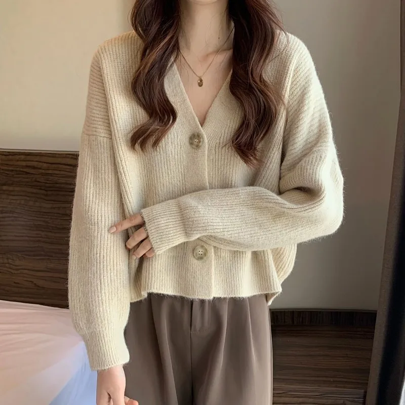 Dropshipping Korean Women Loose Sweaters Autumn Winter Long Sleeve Soft Knitted Button Open Front Cardigan Ladies Knit Coats