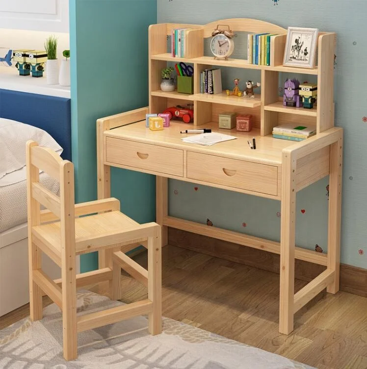 Solid Wooden Kids Study Table With Shelf and Chair Set For Children Furniture Set