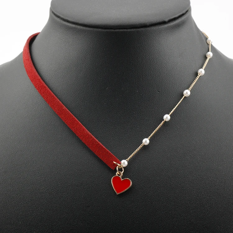 Simple Temperament Short small love Heart pendant Necklace red enamel heart charm choker with half velvet pearl chain for women