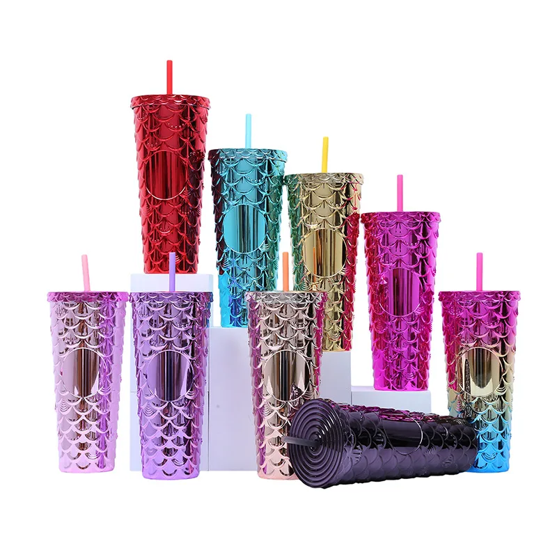 Factory Mermaid Cup Scale Glitter 24oz Mugs Insulated Double Walled Plastic Cups Fish Scales Tumbler With Straw And Lid