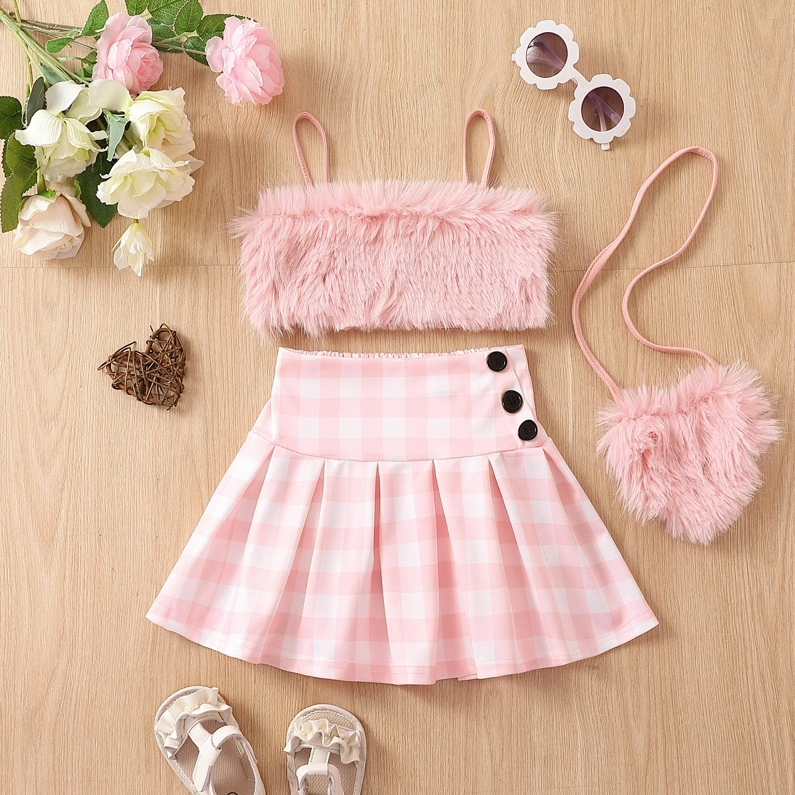 2024 Summer Hot Sale 18M-7Y 3-piece Girl Fashion Fuchsia Faux Fur Camisole and pink  Plaid Pleated Skirt Set