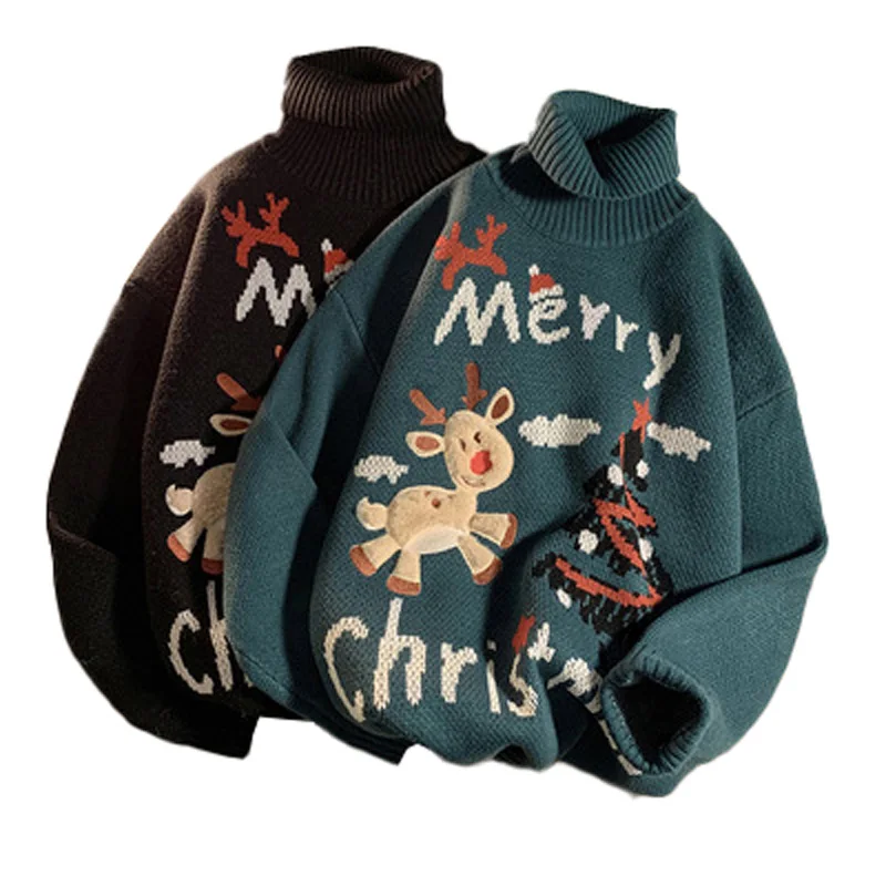 Black Friday Custom Logo Xmas Tree Deer Elk Jacquard Knitted Turtleneck Pullover Ugly Christmas Sweater Plus Size Men