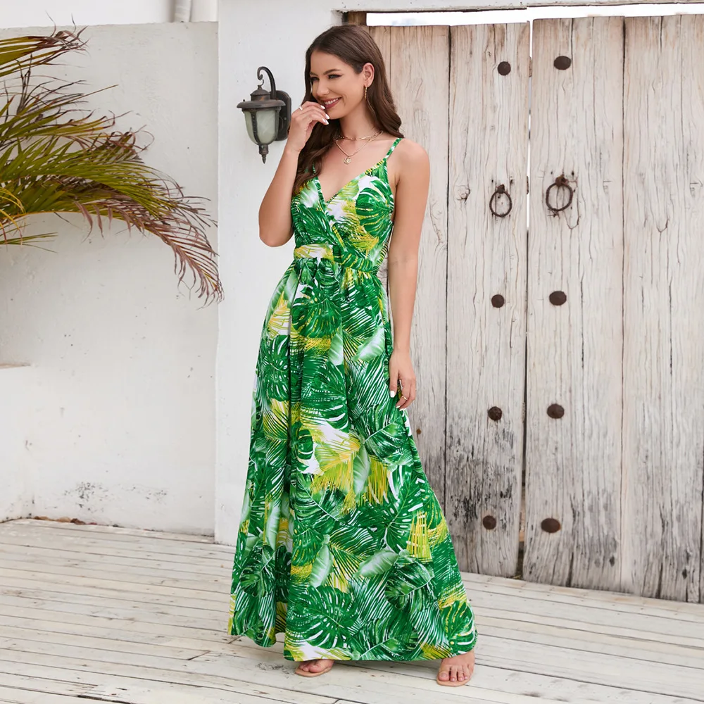 New arrivals 2023 summer dress bohemian print dresses sexy V-neck long sling sun dresses for women