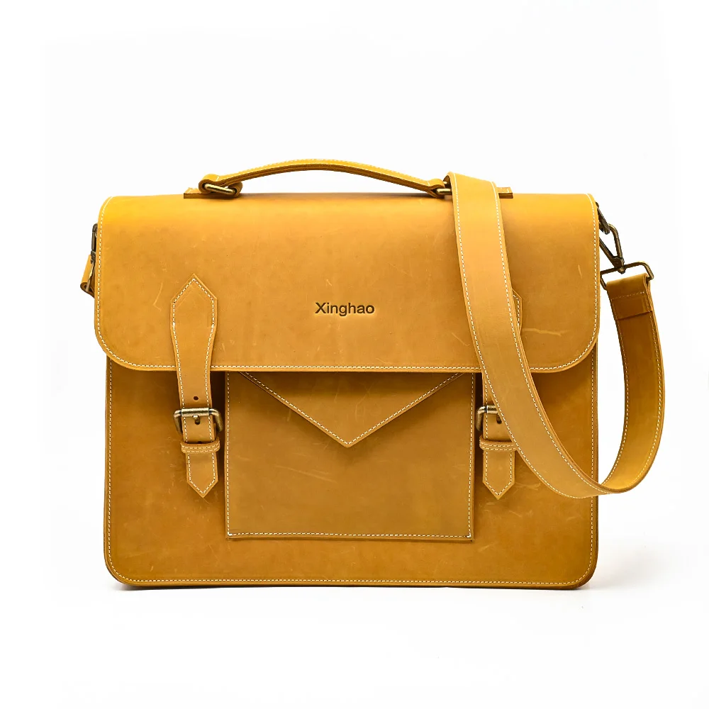 Men Fashion Travel Leisure  Full Grain Water Buffalo Brown Leather Business Briefcase Messenger Laptop Bag For Men