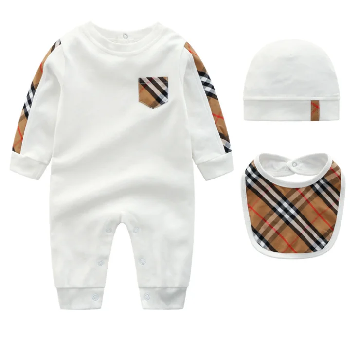 Hot Sale Cotton baby clothing set 3 pcs longsleeve romper hat and bibs new style for baby