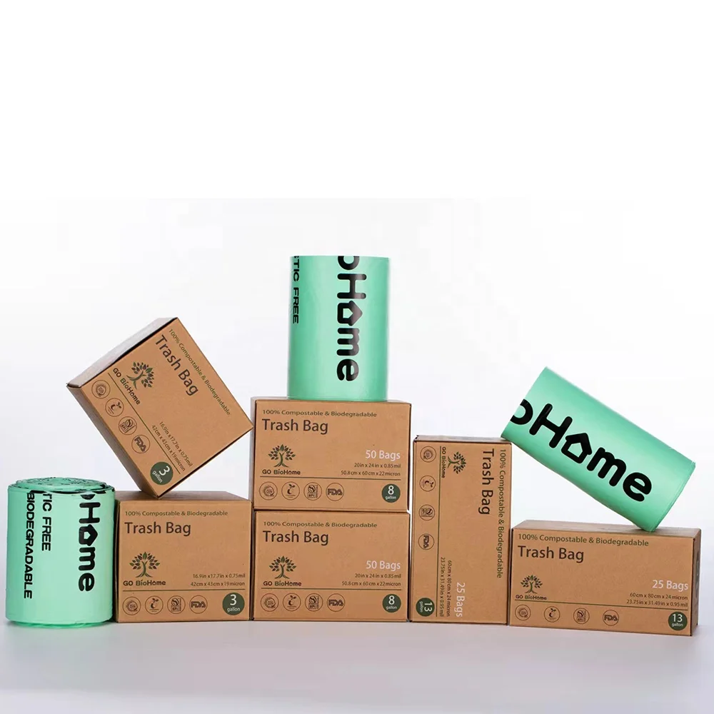 Environmentally-friendly customized logo printed PLA heavy duty black roll plastic packing biodegradable garbage bag