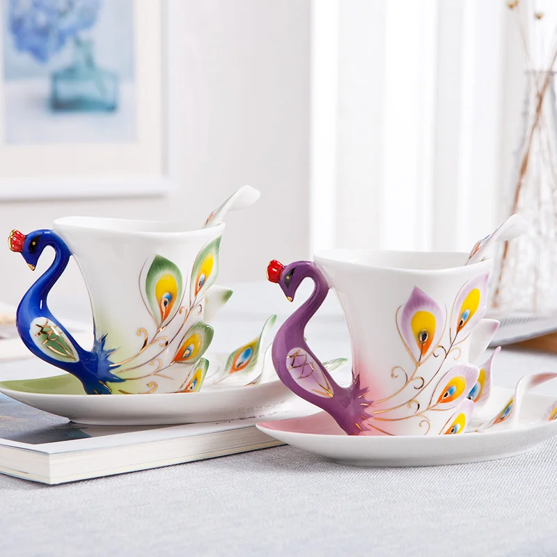 Unique Peacock Shape Elegant Porcelain Enamel Cup Wholesale Ceramic Tea Coffee Cups And Saucers