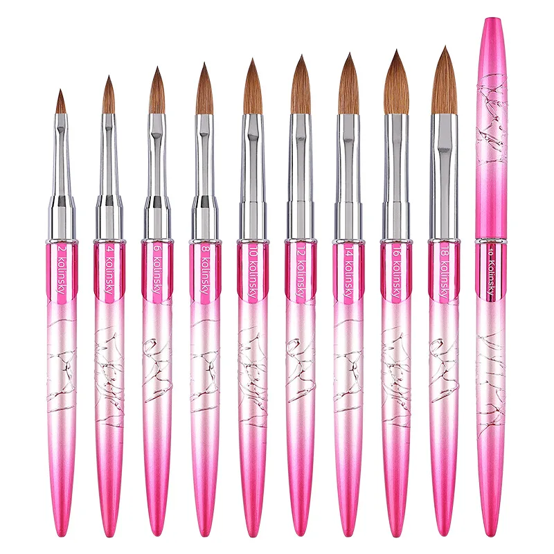 High Quality Kolinsky Acrylic Nail Brush Set Mink Hair Nail Liner Art Carving Tools Sizes #2 to #18 Wholesale Metallic Handle