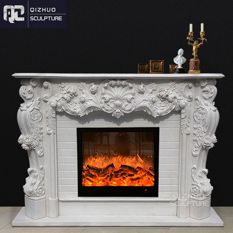 Classic Modern Style Indoor Freestanding Hand Carved Decorative Natural Stove Mental Surround Marble Fireplace