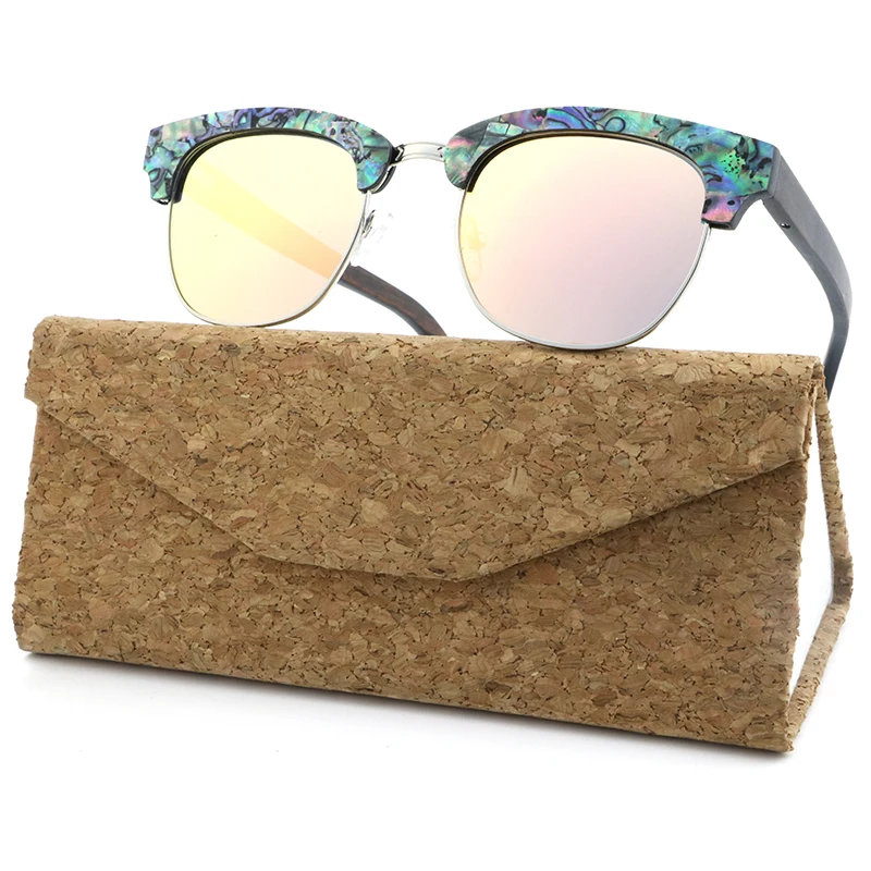 Highend pop sun glasses semi rimless polarized ebony wood seashell sunglasses