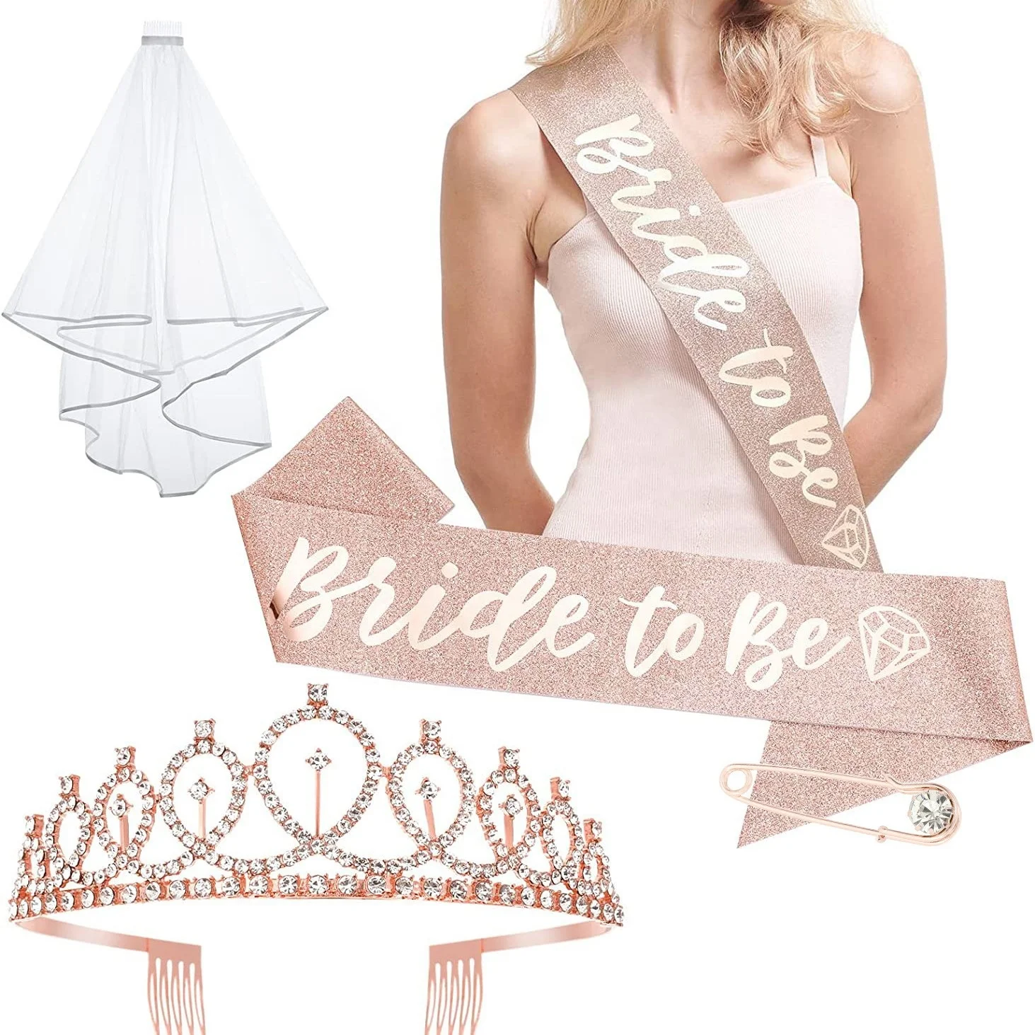 4 Pcs Bachelorette Party Decorations Bridal Shower Crown Bride to Be Sash&Veil For Women Bachelorette Party Gifts