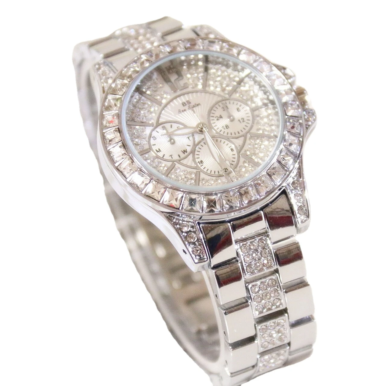 BS New Fashion Lady Diamond Watch Women Full Diamond Steel Band Silver Watch Women Watch Clock