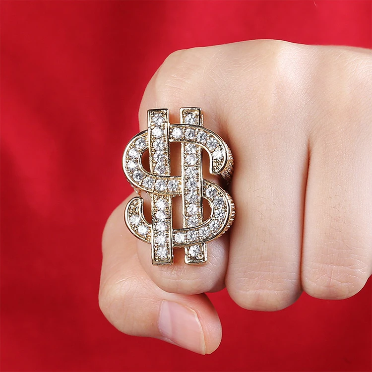 
New Arrival Iced Out Dollar Sign CZ Micro Pave Mens Gold Silver Ring 