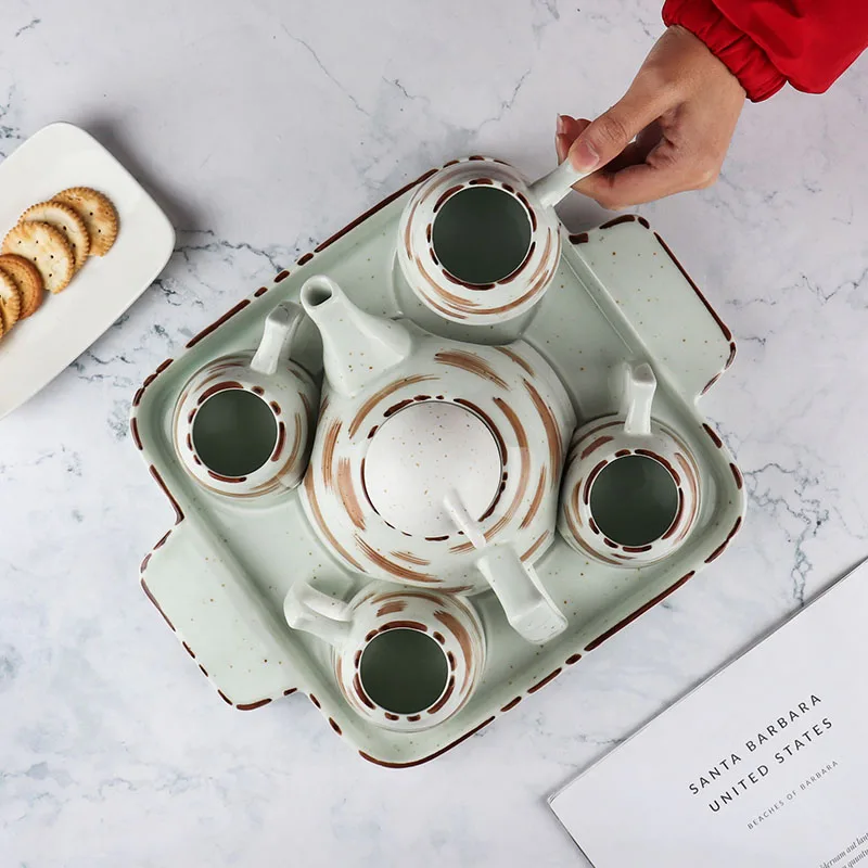 Restaurant Hotel Ceramic Tea Pot Cups Set 6Pcs Porcelain Coffee Tea Set with Tray