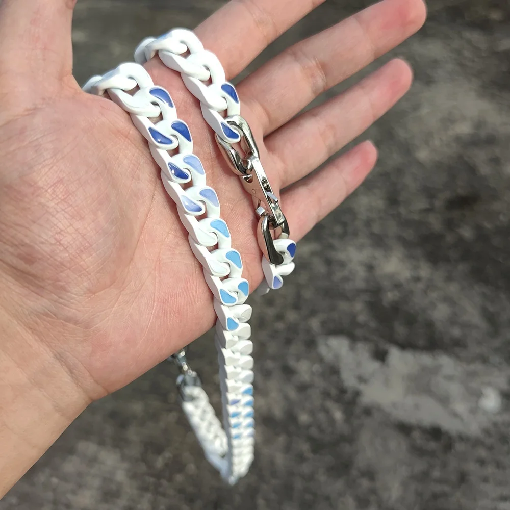 VEROMCA Blue Sky and White Cloud Stainless Steel Baking Varnish Cuban Chain Bracelet Titanium Steel Necklace