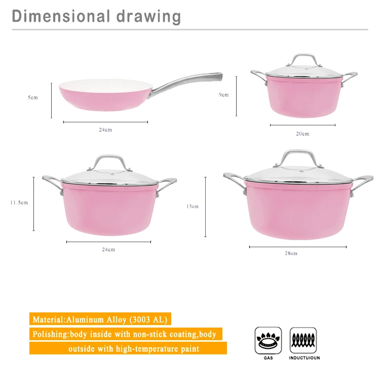Induction bottom 7pcs PINK WHITE aluminum kitchen non stick nonstick cooking pots and pans cookware sets with glass lid