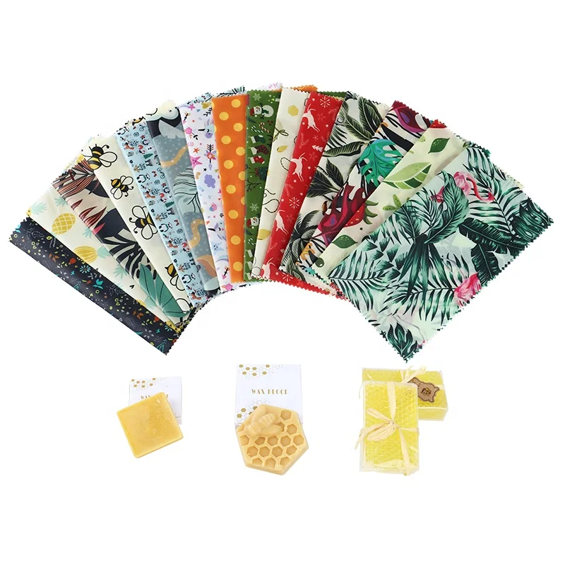 Reusable custom design organic cotton beeswax food packaging wrap 3 packs