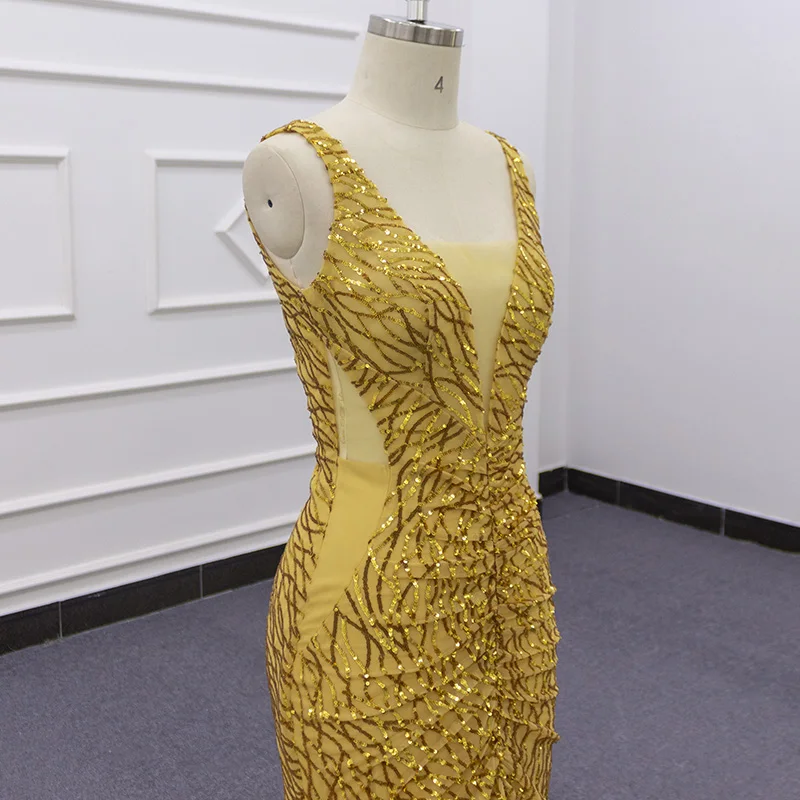 Eslieb SJ247 actual photo Sexy v-neckline Mermaid or Trumpet Shiny Gold lace Pakistani Bridal wedding Dresses