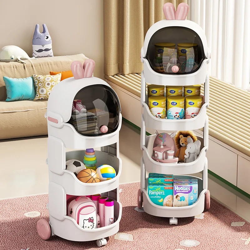 Multi-Functional Storage Rack Shelf 3 tier Stackable Plastic Rolling Cart Kids Spaceman Toy Storage Organizer with Wheels