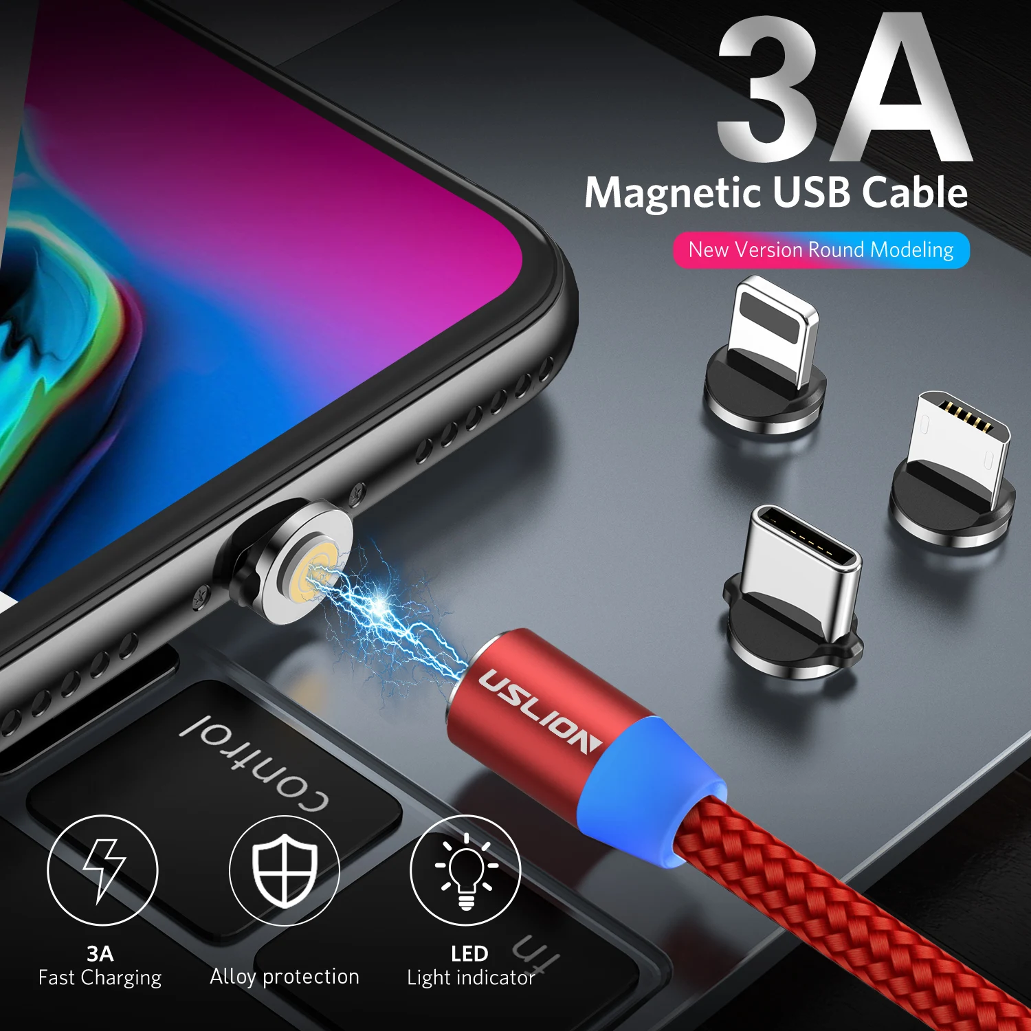 USLION OEM 360 градусов вращающийся магнитный кабель USB зарядное устройство 3 в 1 взаимный обмен данными между компьютером и периферийными устройствами Магнитный для зарядки или передачи данных со штекером 3A быстрой
