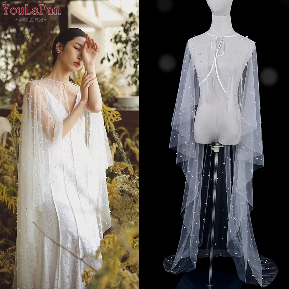 YouLaPan VG50 Front Short Back Long Women Shawl Summer Tulle Pearl Cardigan Party Wedding Dress Accessories Waltz Capes