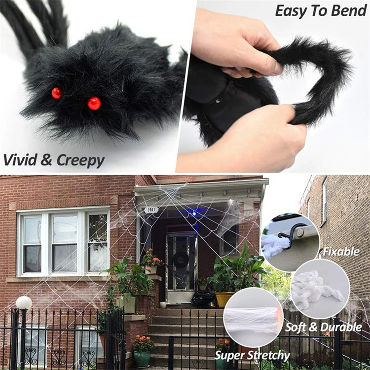 Tik Tok Trends Halloween Spider web Yard Decoration Plush Giant Spider Halloween Outdoor Decoration for Party decoration
