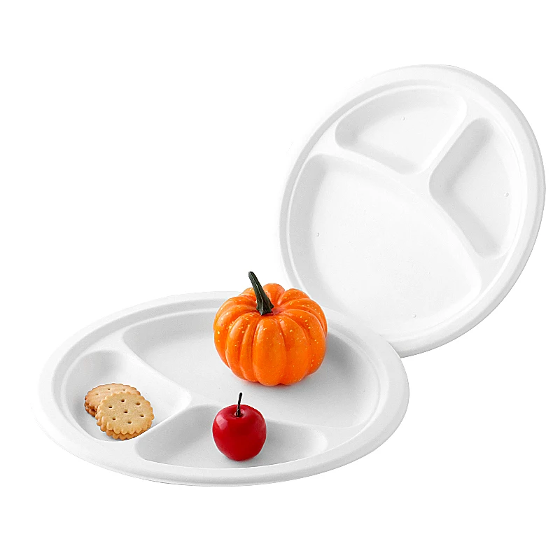 China wholesale Disposable round sugarcane plates with 3 compartments use and throw plates